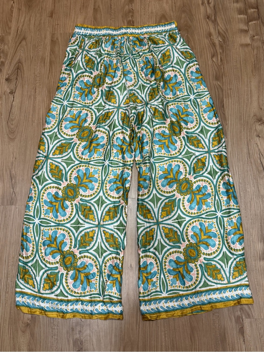 Haute Hippie Mustard-Trim Floral Wide Leg Pants